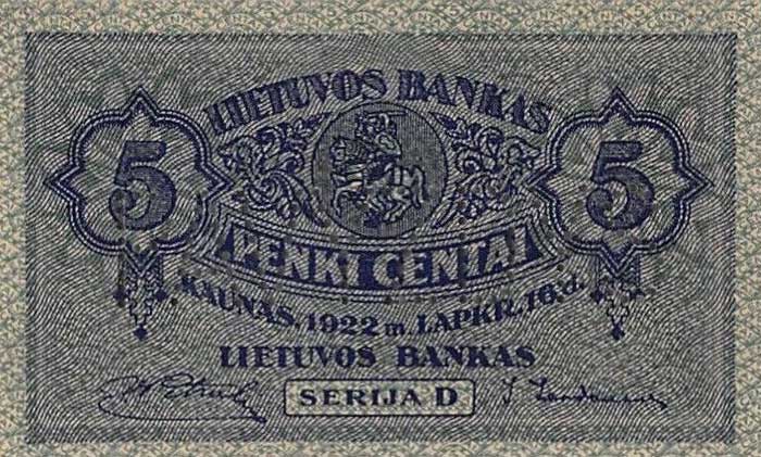 Front of Lithuania p9s1: 5 Centai from 1922