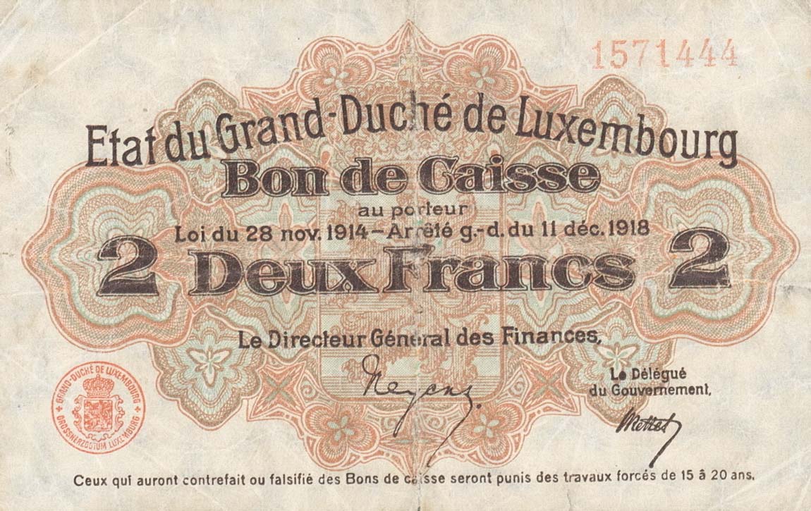 Front of Luxembourg p22: 2 Franken from 1914