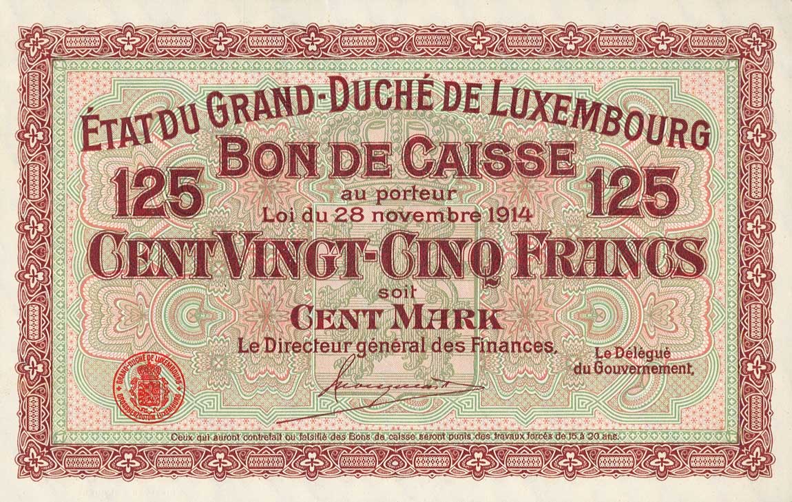 Front of Luxembourg p25r: 125 Franken from 1914