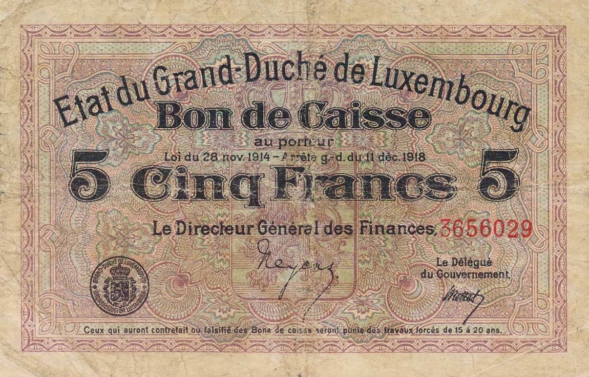 Front of Luxembourg p29b: 5 Francs from 1914