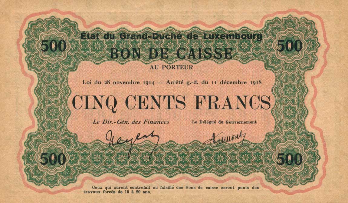 Front of Luxembourg p33a: 500 Francs from 1914
