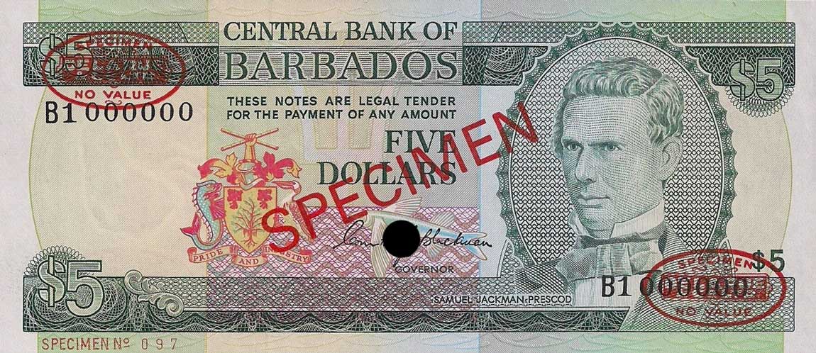 Front of Barbados p31s: 5 Dollars from 1973