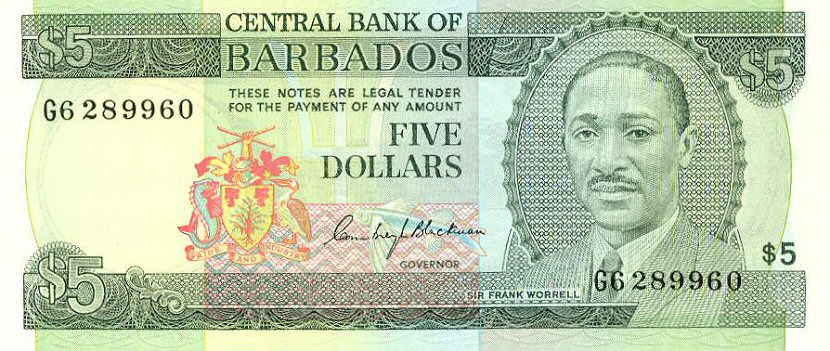 Front of Barbados p32a: 5 Dollars from 1975