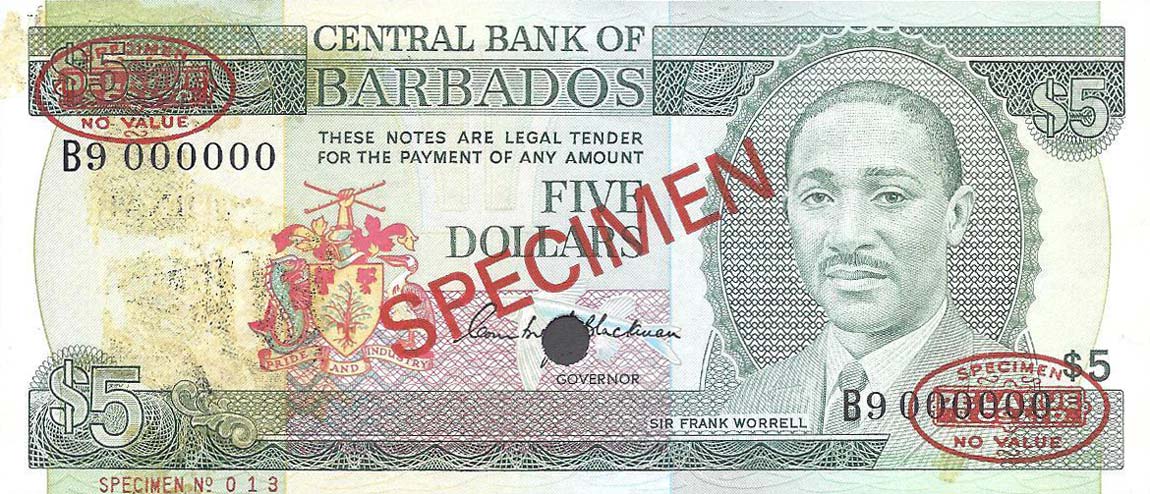 Front of Barbados p32s: 5 Dollars from 1975