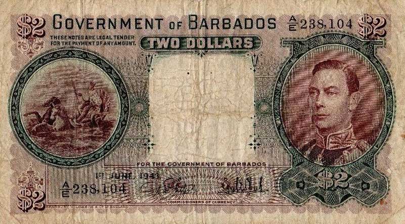 Front of Barbados p3b: 2 Dollars from 1939