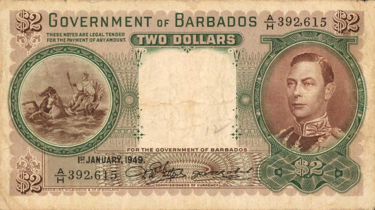 Front of Barbados p3c: 2 Dollars from 1949