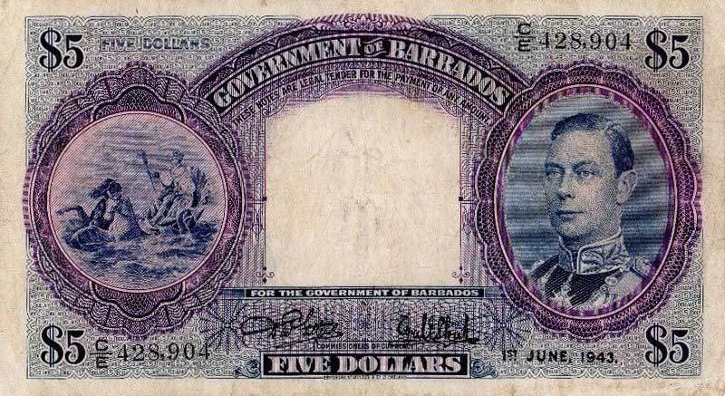 Front of Barbados p4b: 5 Dollars from 1943