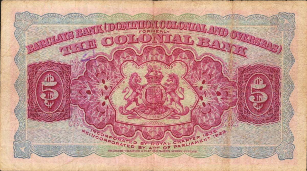 Back of Barbados pS111a: 5 Dollars from 1937