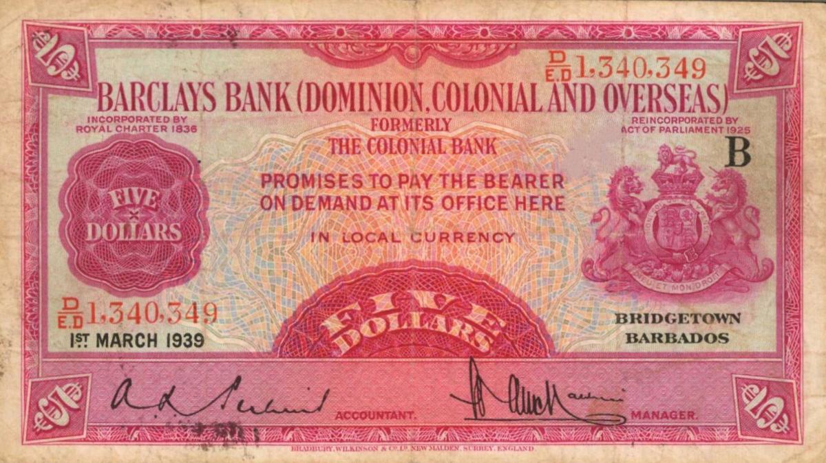 Front of Barbados pS111a: 5 Dollars from 1937