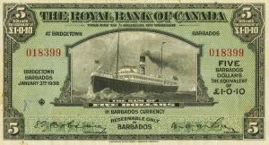 pS181 from Barbados: 5 Dollars from 1938