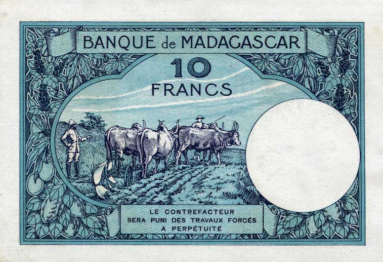 Back of Madagascar p36a: 10 Francs from 1937