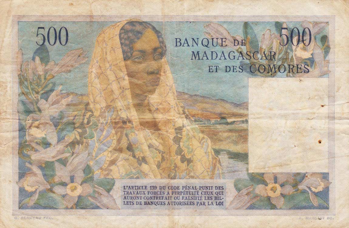 Back of Madagascar p47b: 500 Francs from 1950