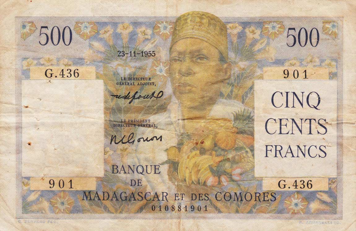 Front of Madagascar p47b: 500 Francs from 1950