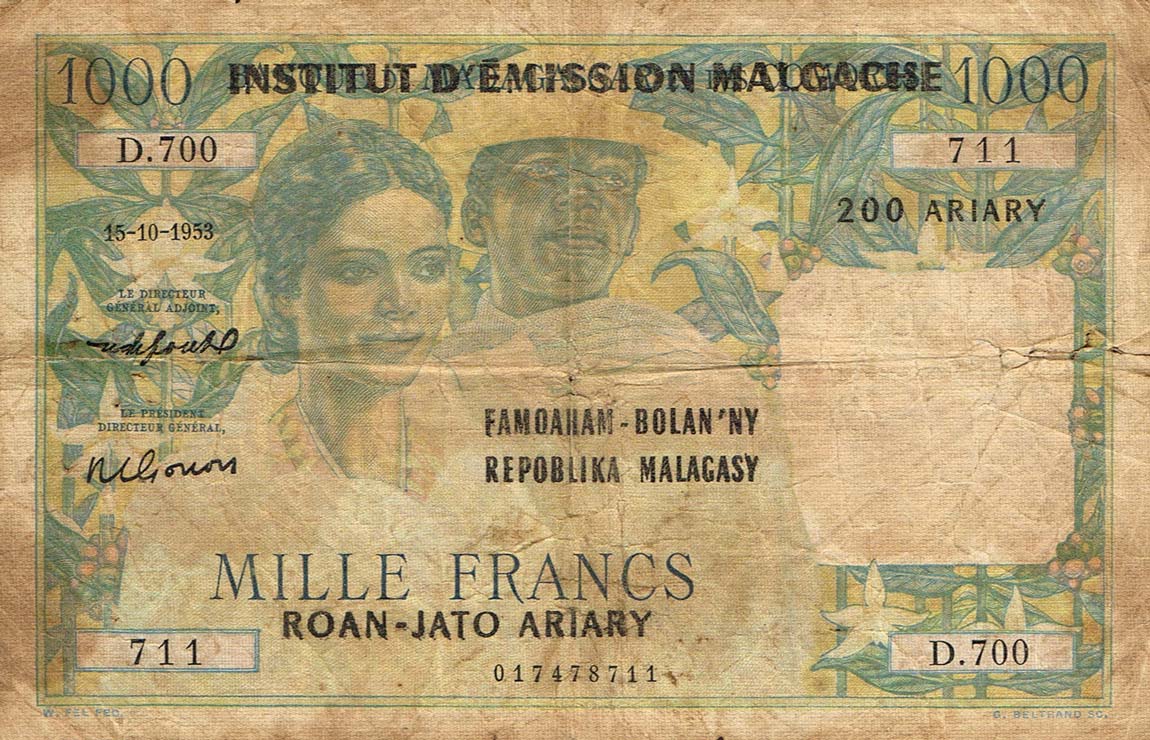 Front of Madagascar p48b: 1000 Francs from 1950