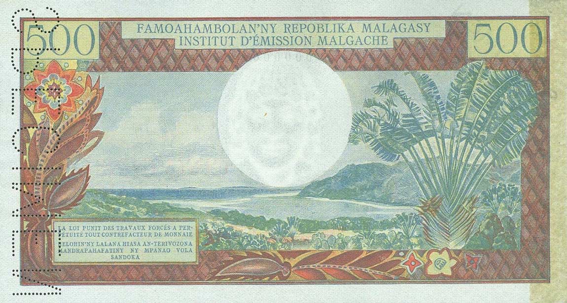 Back of Madagascar p58s: 500 Francs from 1966