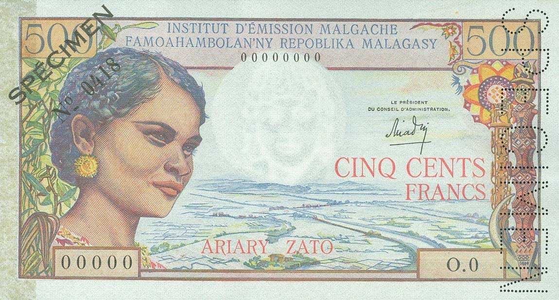 Front of Madagascar p58s: 500 Francs from 1966