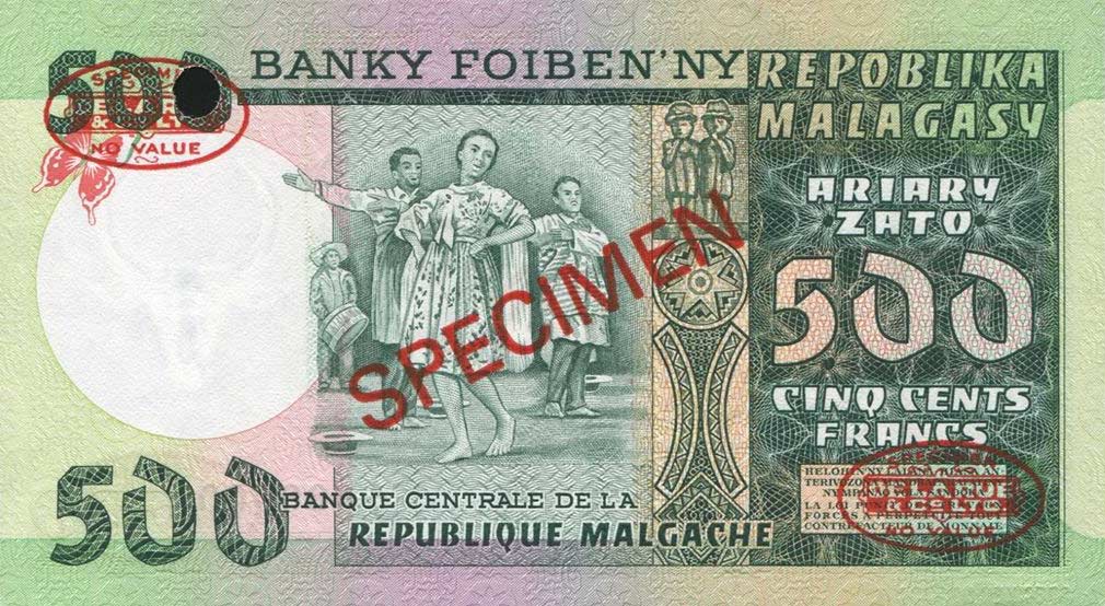 Back of Madagascar p64s: 500 Francs from 1974