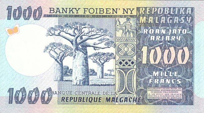 Back of Madagascar p65a: 1000 Francs from 1974