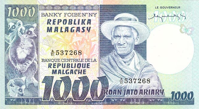 Front of Madagascar p65a: 1000 Francs from 1974