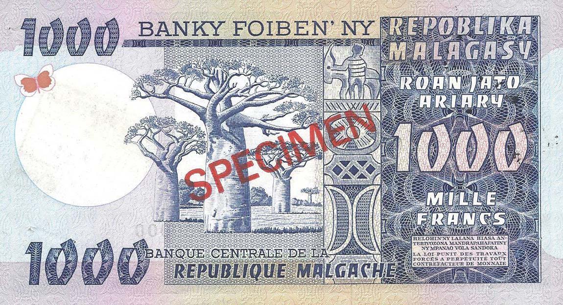 Back of Madagascar p65s: 1000 Francs from 1974