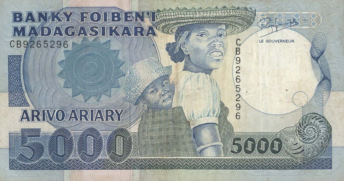 Front of Madagascar p73b: 5000 Francs from 1988