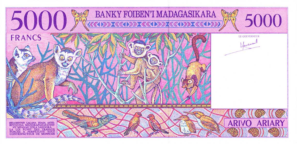 Back of Madagascar p78b: 5000 Francs from 1995