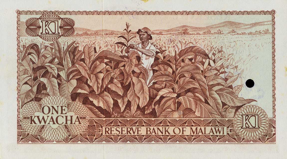 Back of Malawi p10s: 1 Kwacha from 1973