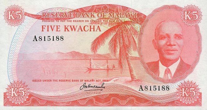 Front of Malawi p11a: 5 Kwacha from 1964