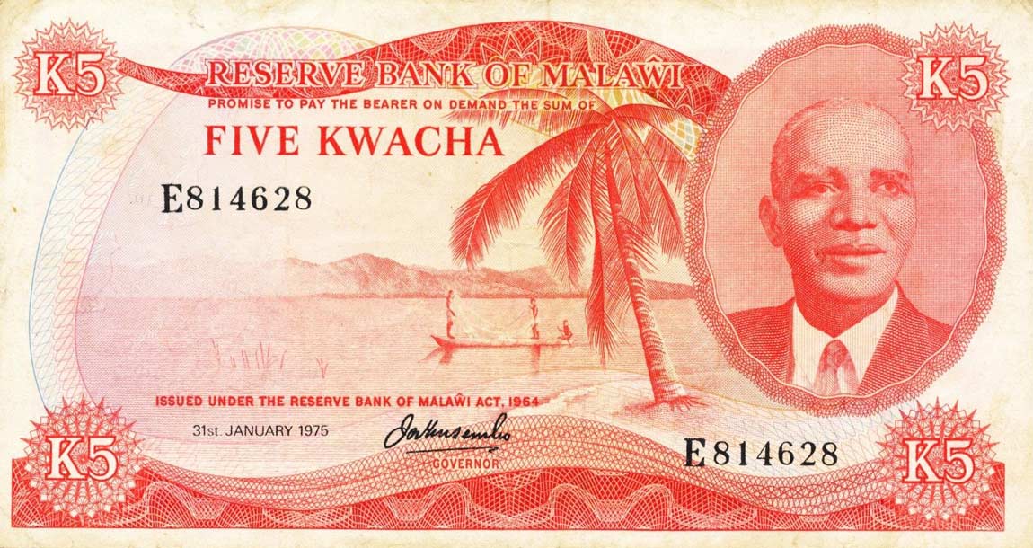 Front of Malawi p11b: 5 Kwacha from 1975