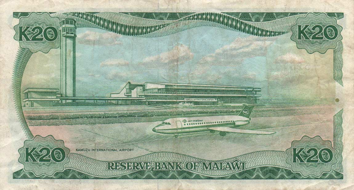 Back of Malawi p22a: 20 Kwacha from 1986
