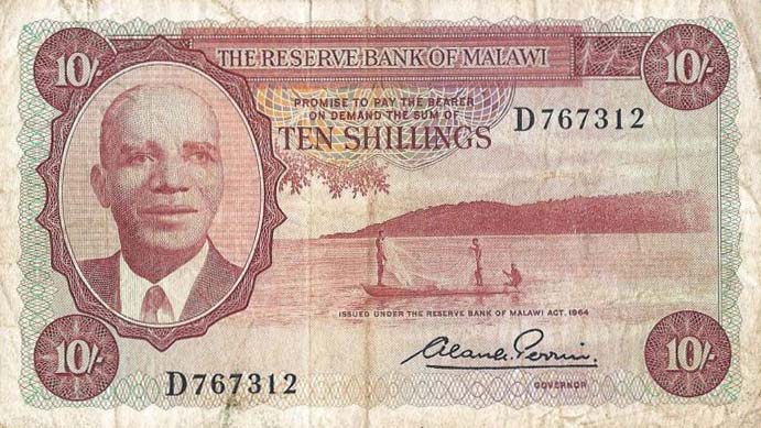 Front of Malawi p2a: 10 Shillings from 1964