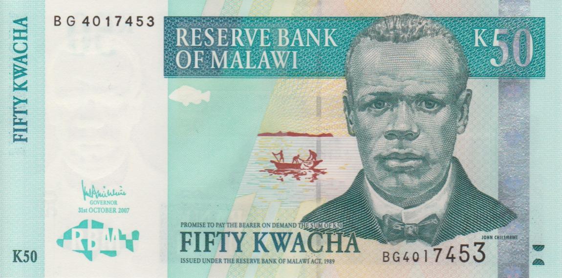Front of Malawi p53c: 50 Kwacha from 2007