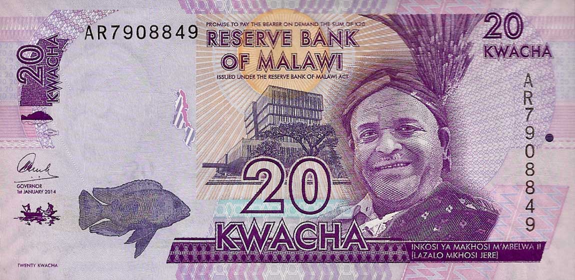 Front of Malawi p63a: 20 Kwacha from 2014