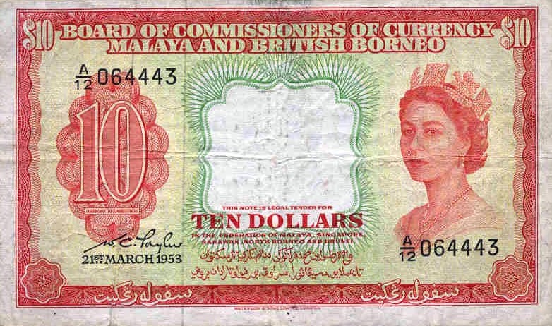 Front of Malaya and British Borneo p3a: 10 Dollars from 1953