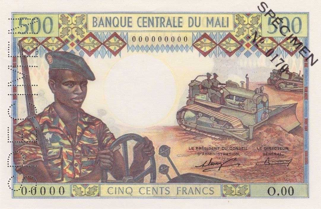 Front of Mali p12s: 500 Francs from 1973