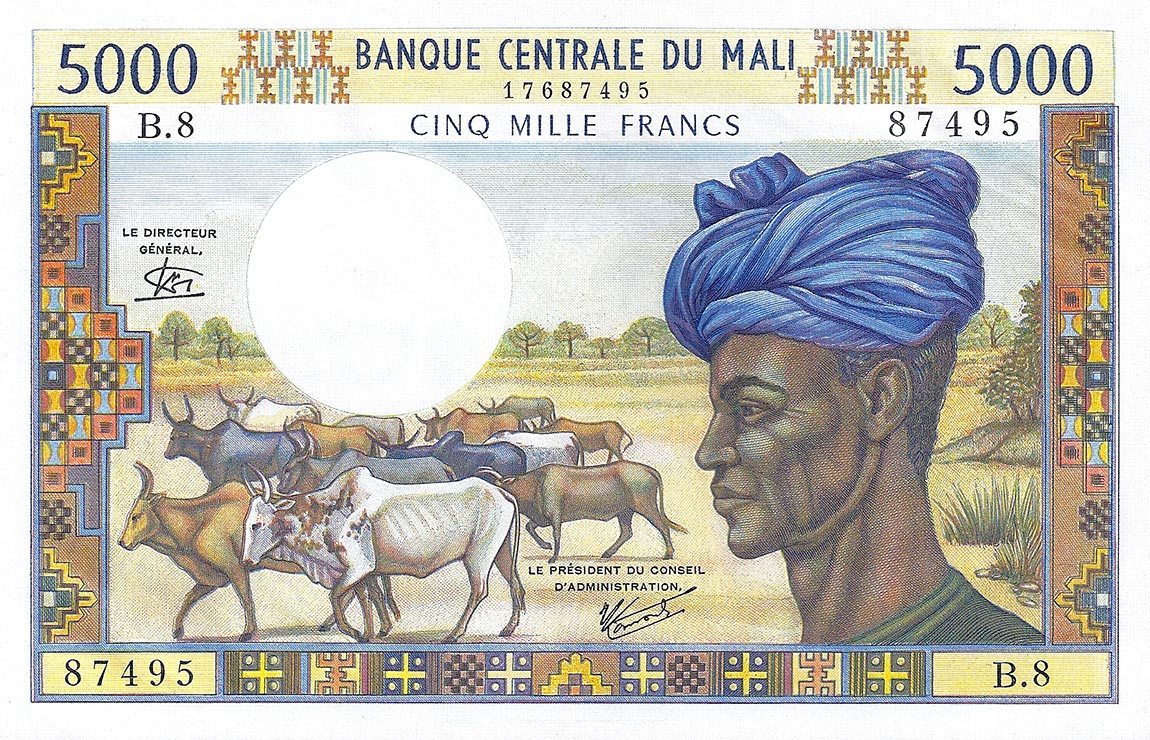 Front of Mali p14e: 5000 Francs from 1972