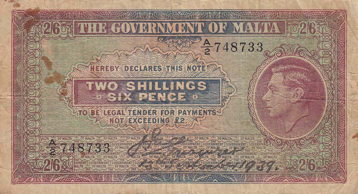 Front of Malta p11: 2 Shillings from 1939