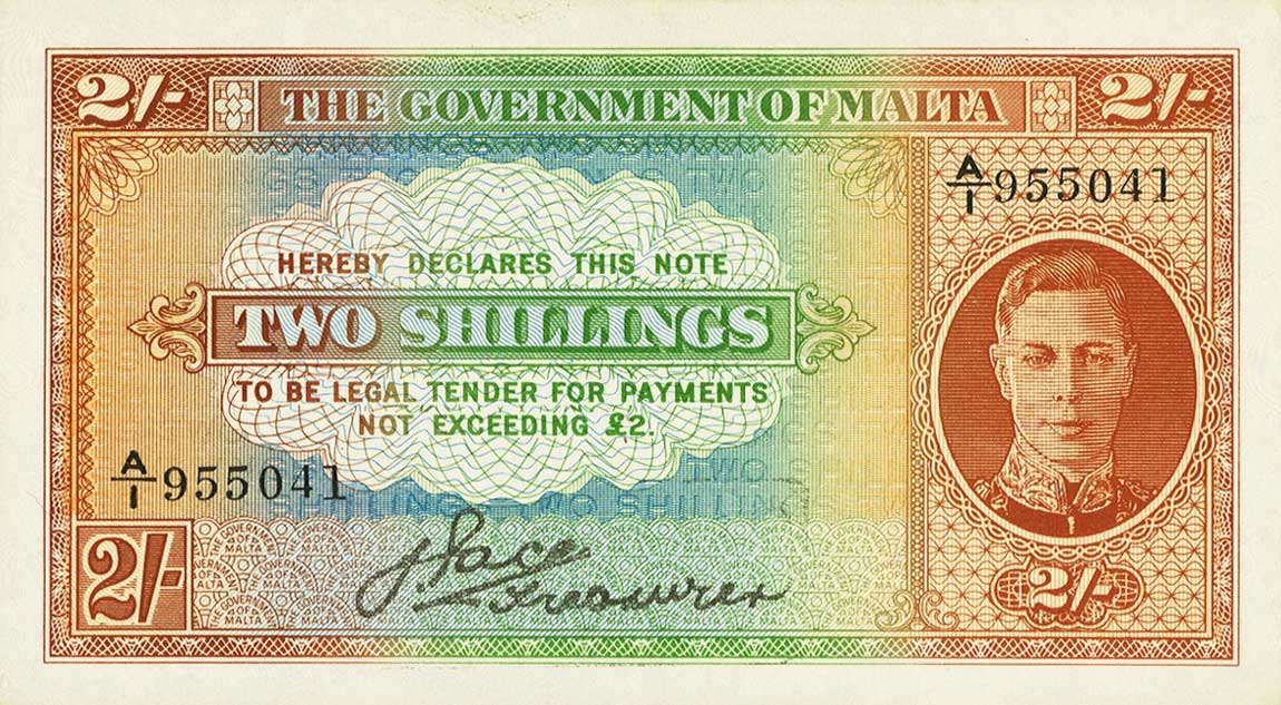 Front of Malta p17a: 2 Shillings from 1942