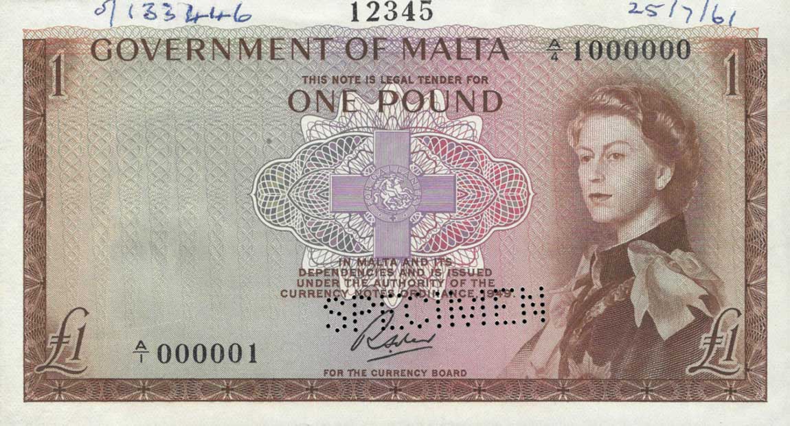 Front of Malta p26s: 1 Pound from 1949