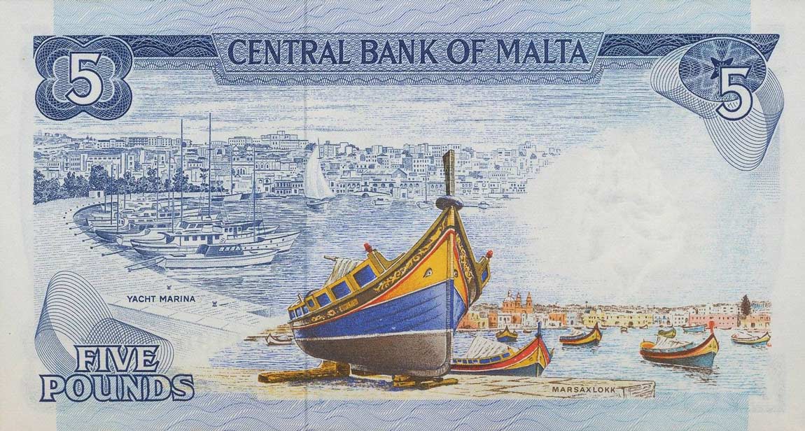 Back of Malta p32c: 5 Lira from 1973