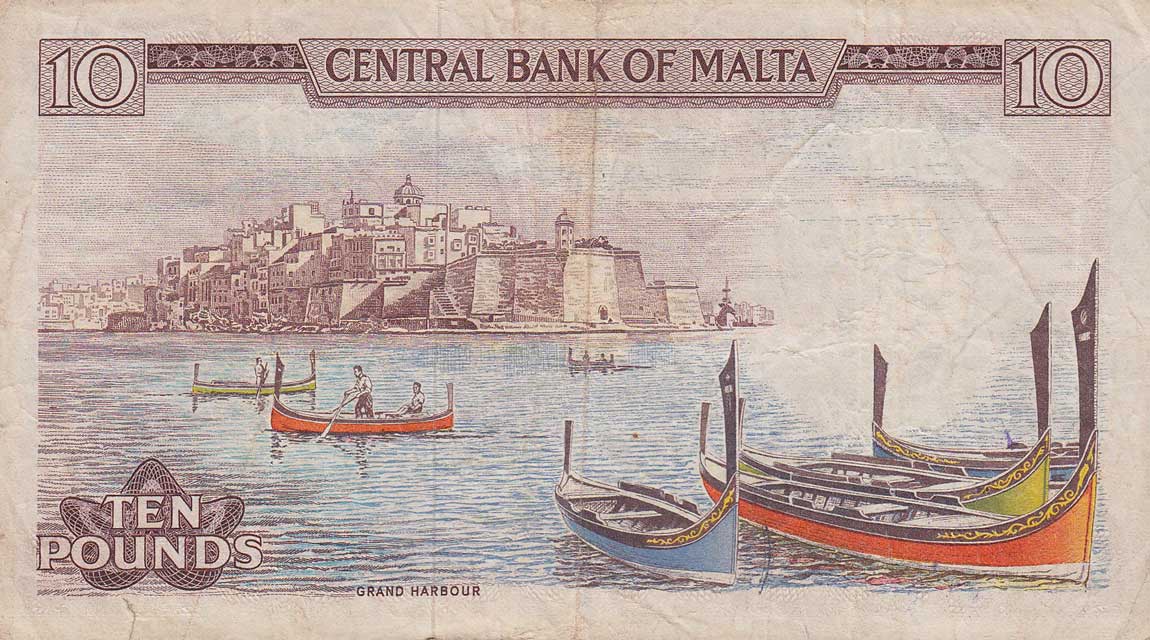 Back of Malta p33c: 10 Lira from 1973