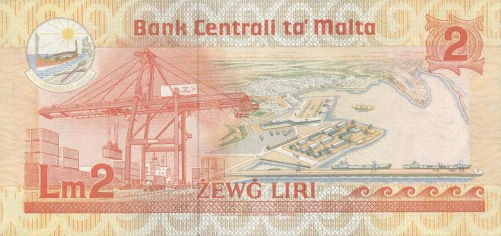 Back of Malta p37a: 2 Lira from 1986