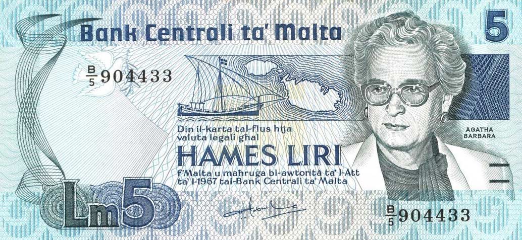 Front of Malta p38a: 5 Lira from 1986