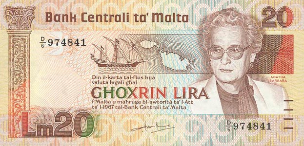 Front of Malta p40a: 20 Lira from 1986