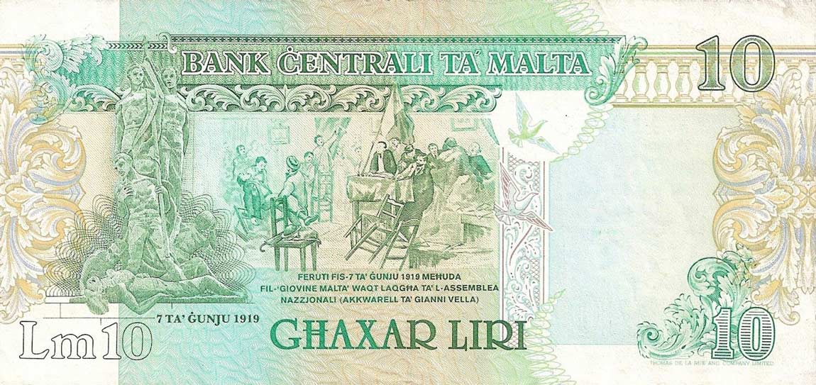 Back of Malta p43a: 10 Lira from 1989