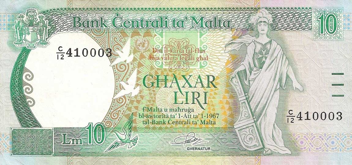 Front of Malta p43a: 10 Lira from 1989