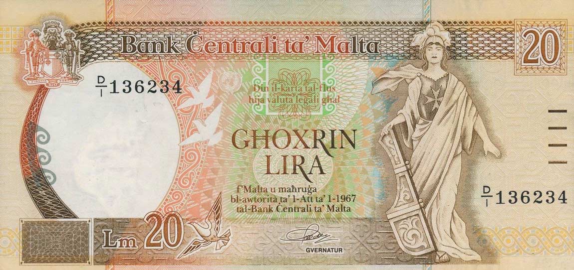 Front of Malta p44a: 20 Lira from 1989