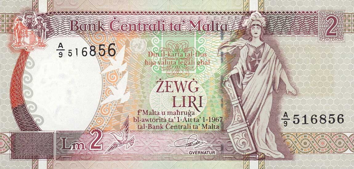 Front of Malta p45a: 2 Lira from 1994