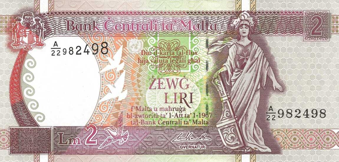 Front of Malta p45d: 2 Lira from 1994