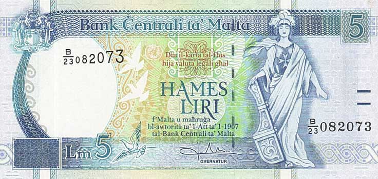 Front of Malta p46b: 5 Lira from 1994